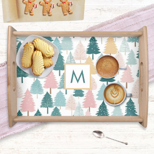 Modern Pastel Christmas Tree Pine Forest Monogram Serving Tray