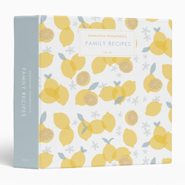 Modern Pastel Citrus Lemons Family Recipes 3 Ring Binder (Front/Spine)