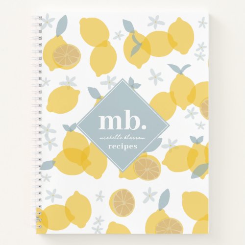 Modern Pastel Citrus Lemons Monogram Recipe Notebook