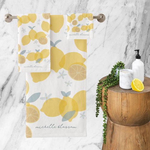 Modern Pastel Citrus Lemons Monogram Script Bath Towel Set