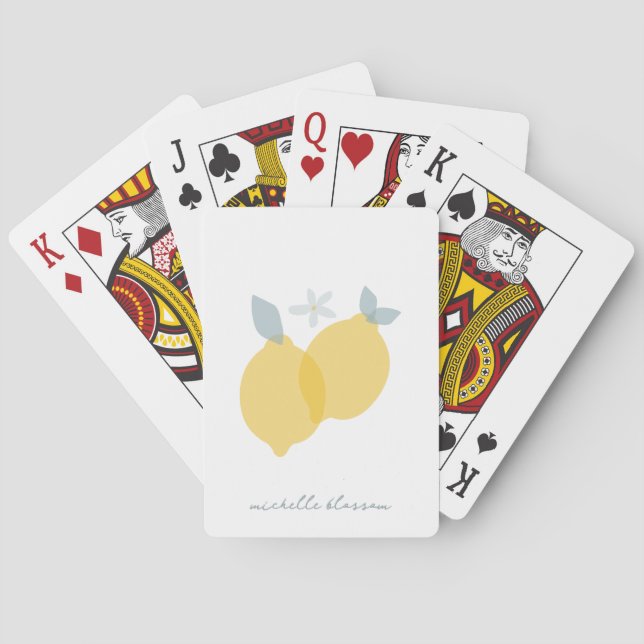 Modern Pastel Citrus Lemons Pattern Custom Name Poker Cards (Back)