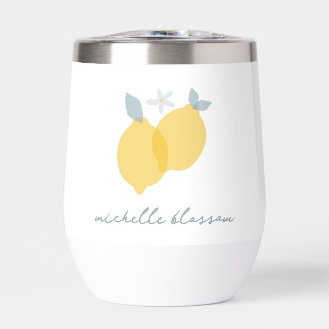 Modern Pastel Citrus Lemons Pattern Custom Name Thermal Wine Tumbler (Front)