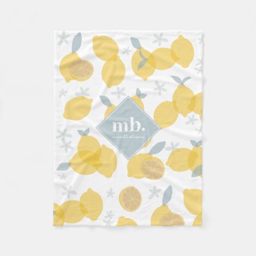 Modern Pastel Citrus Lemons Pattern Monogram Fleece Blanket