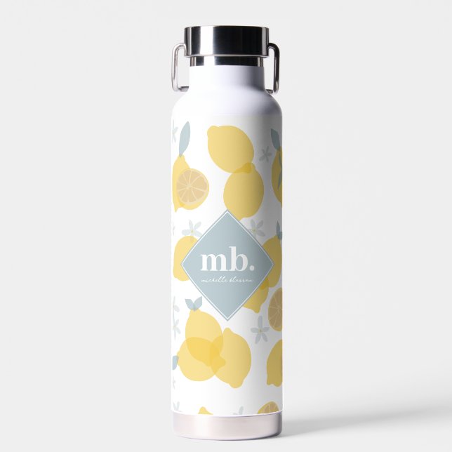 Modern Pastel Citrus Lemons Pattern Monogram Water Bottle (Front)