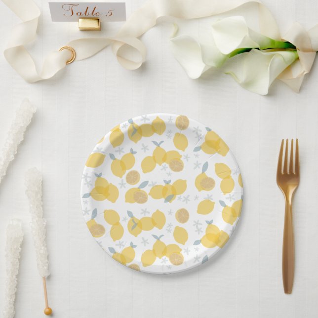 Modern Pastel Citrus Lemons Pattern Paper Plates (Wedding)