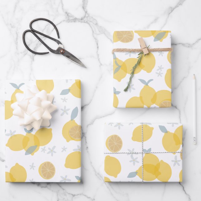 Modern Pastel Citrus Lemons Pattern Wrapping Paper Sheets (Front)