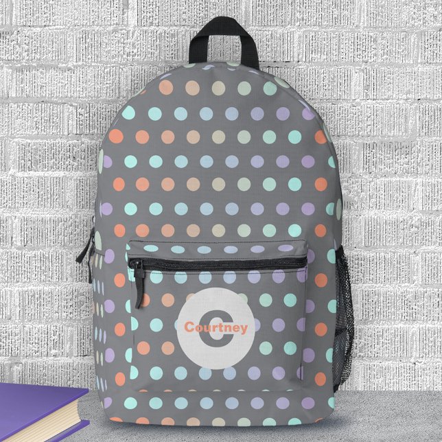 Modern Pastel Colored Polka Dot Pattern on Gray Printed Backpack (Creator Uploaded)