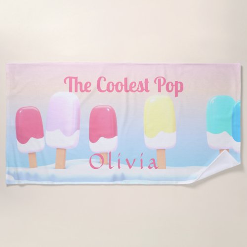 Modern Pastel Coolest Pop Popsicle Personalized Beach Towel