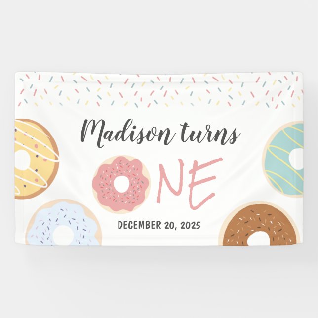 Modern Pastel Donuts and Sprinkles First Birthday Banner (Horizontal)