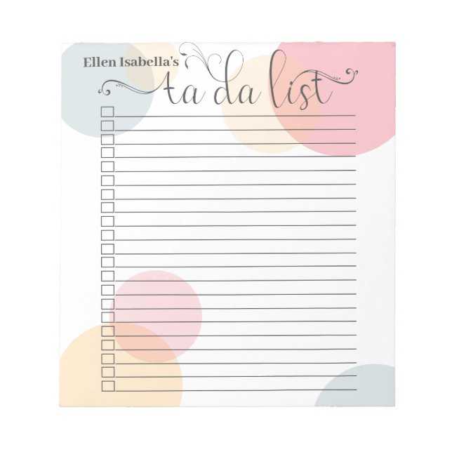 Modern Pastel Dots and Calligraphy Ta Da List Notepad (Front)