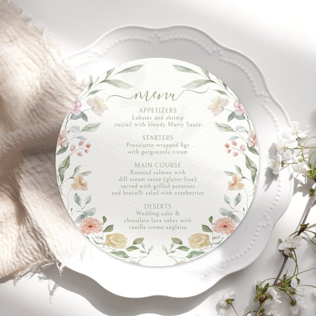 Modern Pastel Floral Botanical Wedding Round Menu (Creator Uploaded)