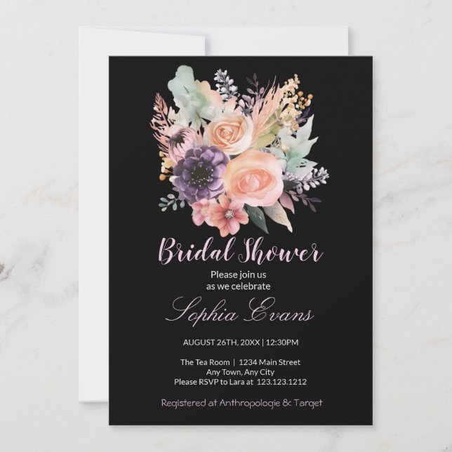 Modern Pastel Floral Bouquet Black Bridal Shower Invitation (Front)