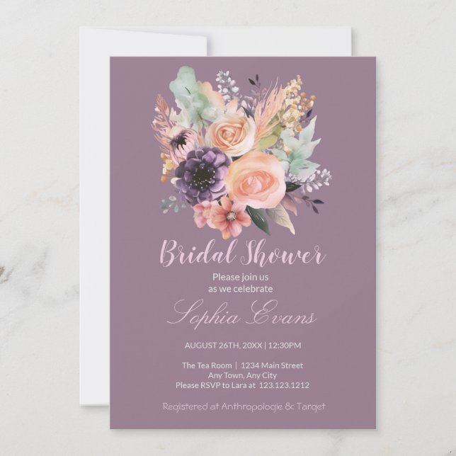 Modern Pastel Floral Bouquet Purple Bridal Shower Invitation (Front)