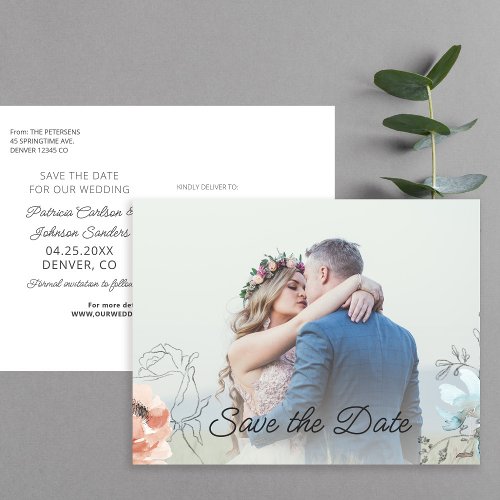 Modern pastel floral line drawing photo wedding announcement postcard