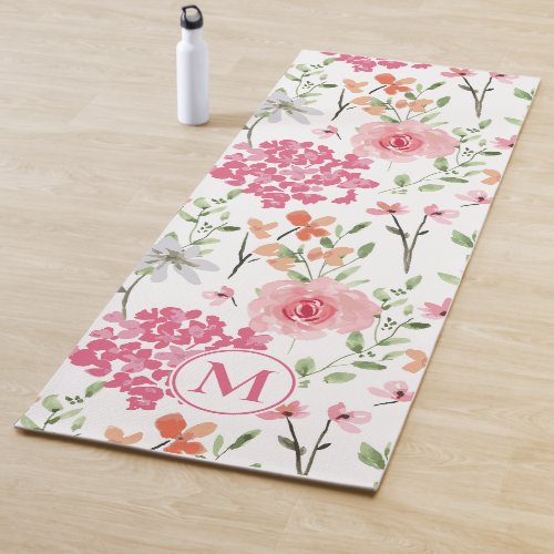 Modern Pastel Floral Watercolor Monogram Custom Yoga Mat