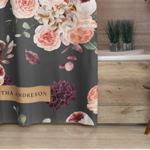 Modern Pastel Flowers & Kraft Black Shower Curtain