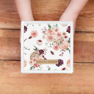Modern Pastel Flowers & Kraft Personalized Gift Acrylic Tray