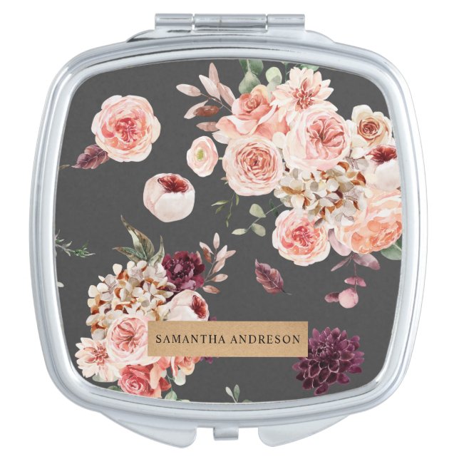Modern Pastel Flowers & Kraft Personalized Gift Compact Mirror (Front)