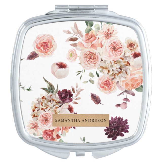 Modern Pastel Flowers & Kraft Personalized Gift Compact Mirror (Front)