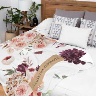 Modern Pastel Flowers & Kraft Personalized Gift Fleece Blanket