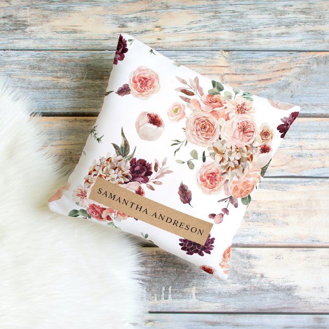 Modern Pastel Flowers & Kraft Personalized Gift Outdoor Pillow (Creator Uploaded)