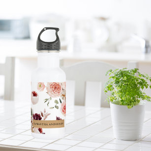 Modern Pastel Flowers & Kraft Personalized Gift Stainless Steel Water Bottle