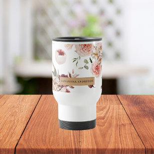 Modern Pastel Flowers & Kraft Personalized Gift Travel Mug