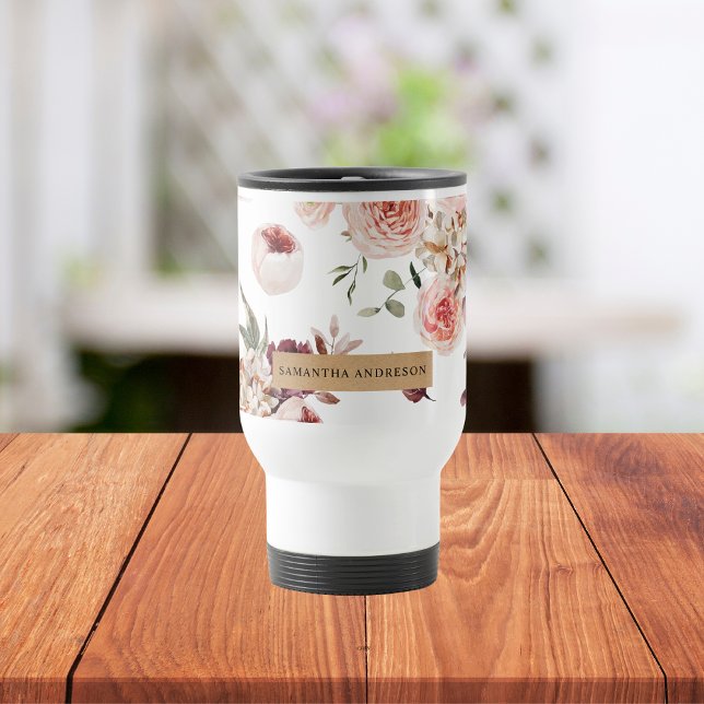 Modern Pastel Flowers & Kraft Personalized Gift Travel Mug (Creator Uploaded)