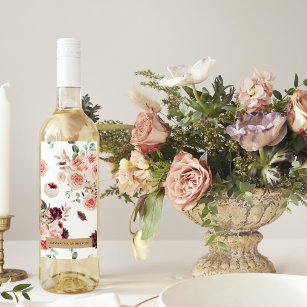 Modern Pastel Flowers & Kraft Personalized Gift Wine Label
