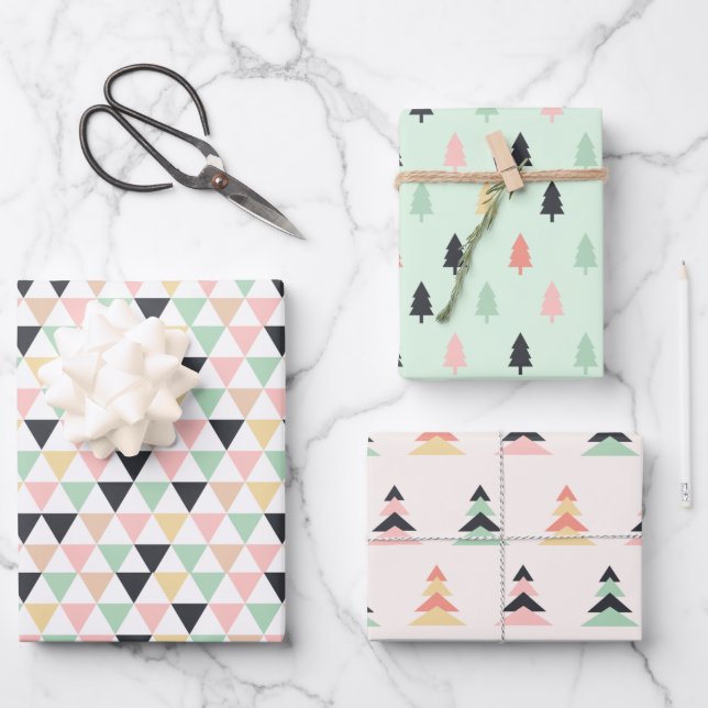Modern Pastel Geometric Christmas Trees Pattern Wrapping Paper Sheets (Front)