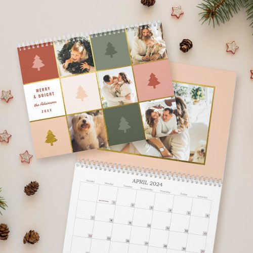 Modern Pastel  Gold Christmas Tree Photo Collage Calendar