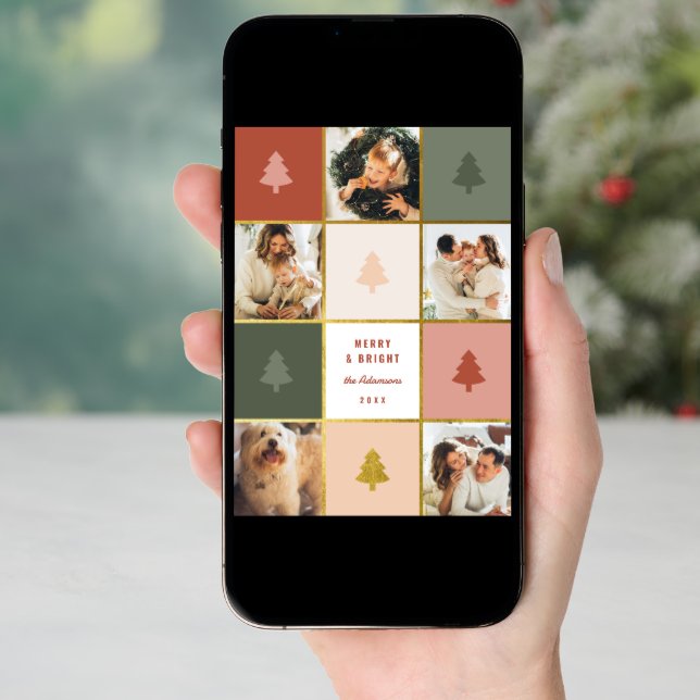 Modern Pastel & Gold Christmas Tree Photo Collage Holiday Card (Front Digital)