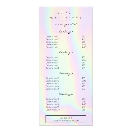 Modern pastel holographic glam salon service menu