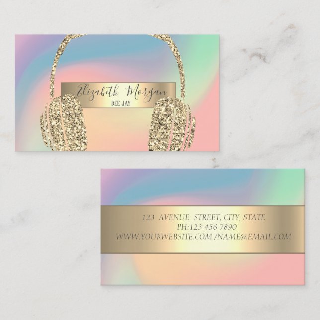 Modern Pastel Holographic  Glitter Headphone DJ Business Card (Front/Back)