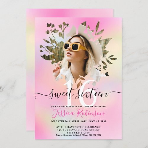 Modern pastel holographic photo floral Sweet 16 Invitation