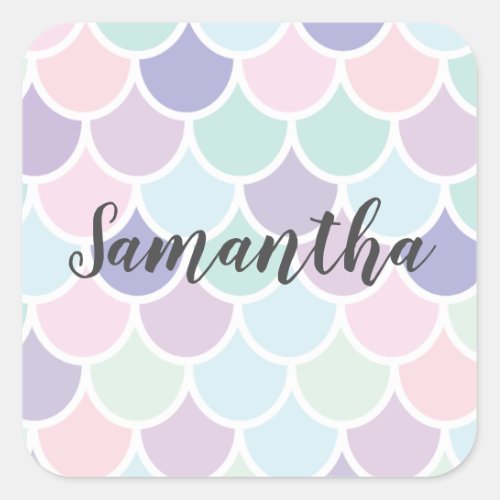 Modern Pastel Lovely Mermaid Pattern With Name Square Sticker