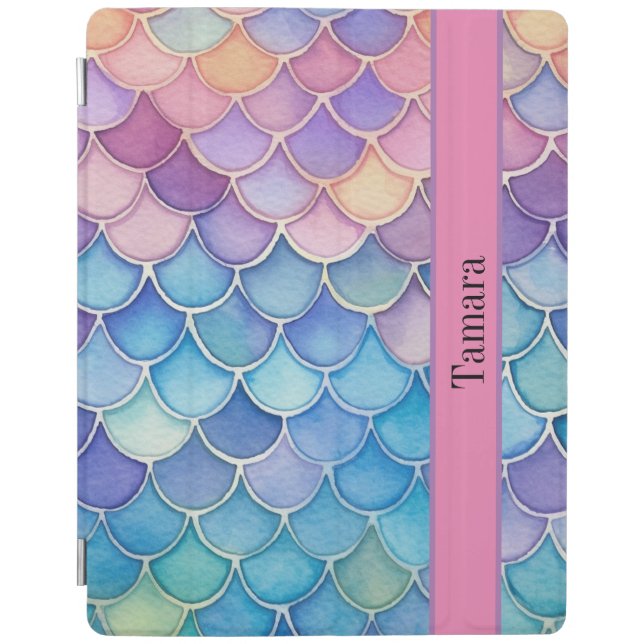 Modern Pastel Mermaid Pattern Scale Personalized iPad Smart Cover (Front)