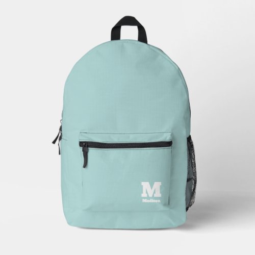 Modern Pastel Mint Green Classic Monogram Name Printed Backpack