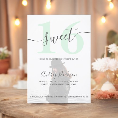 Modern pastel mint green Sweet 16 script photo Invitation