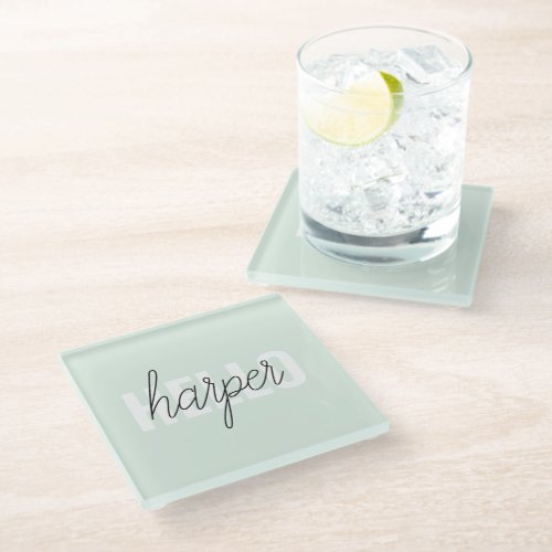 Modern Pastel Mint Hello And You Name Glass Coaster