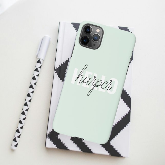 Modern Pastel Mint Hello And You Name iPhone Case (Creator Uploaded)