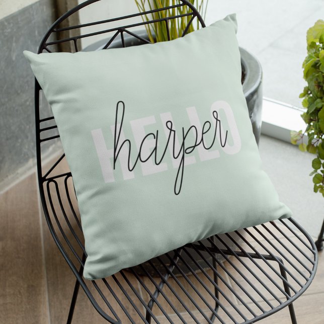Modern Pastel Mint Hello And You Name Outdoor Pillow (Creator Uploaded)
