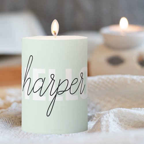 Modern Pastel Mint Hello And You Name Pillar Candle