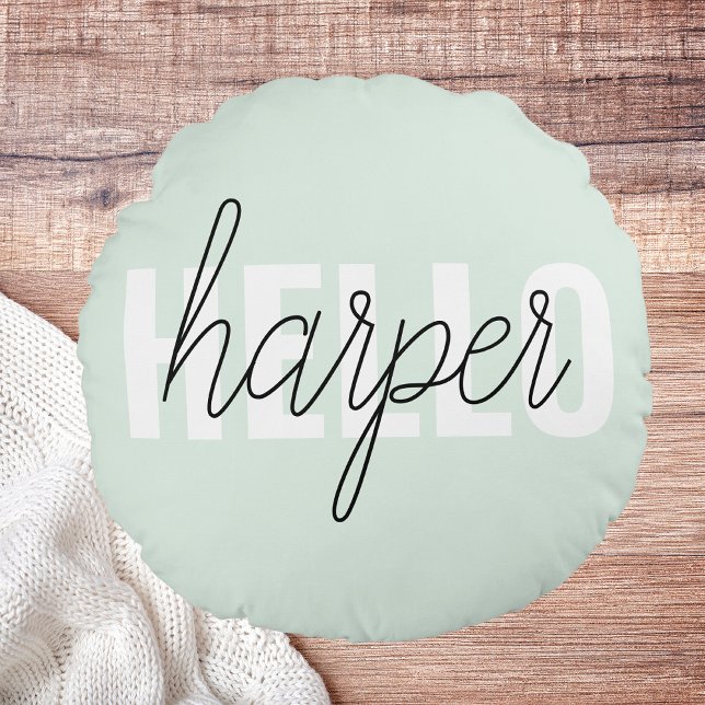 Modern Pastel Mint Hello And You Name Round Pillow (Creator Uploaded)