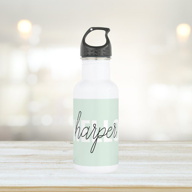 Modern Pastel Mint Hello And You Name Stainless Steel Water Bottle (Creator Uploaded)
