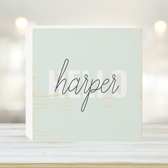 Modern Pastel Mint Hello And You Name Wooden Box Sign (Creator Uploaded)
