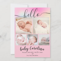 Modern pastel ombre 5 grid photo baby girl birth announcement