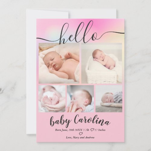 Modern pastel ombre 5 grid photo baby girl birth announcement