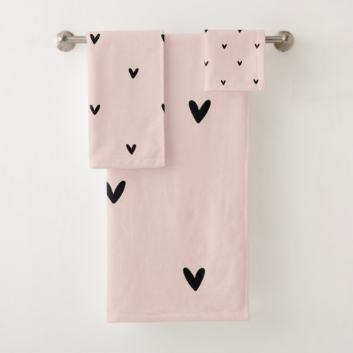 Modern Pastel Pink And Black Hearts Pattern Bath Towel Set