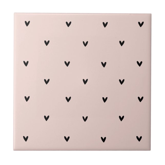 Modern Pastel Pink And Black Hearts Pattern Ceramic Tile (Front)